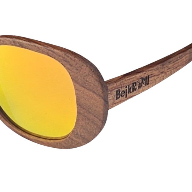 JACQUELYN – orangefarbener Spiegel – brauner Bambusrahmen