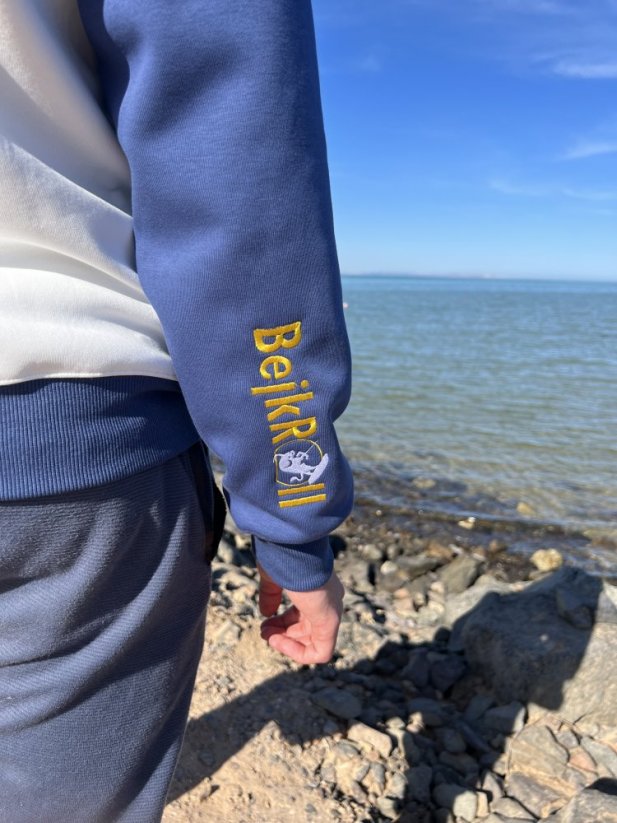 BEJK VELVET - Velvet sweatshirt with hood BejkRoll - raglan blue - detail embroidered logo sleeve