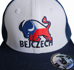 Snap Trucker White-Navy cap BejkRoll - BEJCZECH logo - front detail embroidered logo