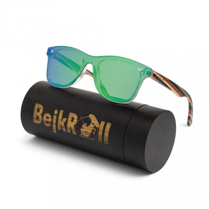 Sluneční brýle BejkRoll TALENT - Zelené zrcadlo - barevné nožičky - bambusová tuba