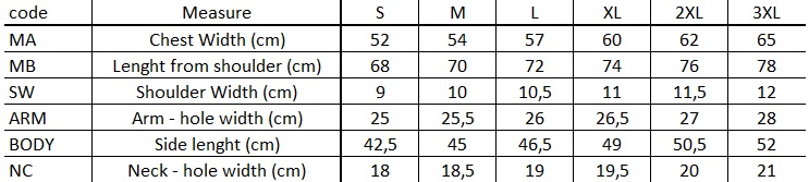 BejkRoll Tank Top - Sizes Chart