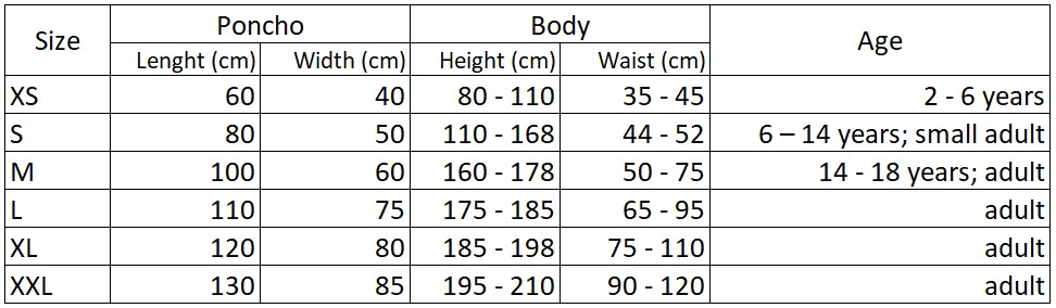 Sizes chart - BejkRoll Beach Towel Poncho