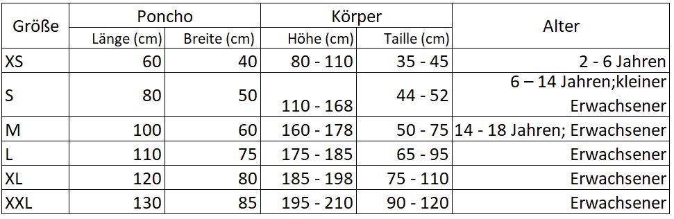 BejkRoll poncho size guide