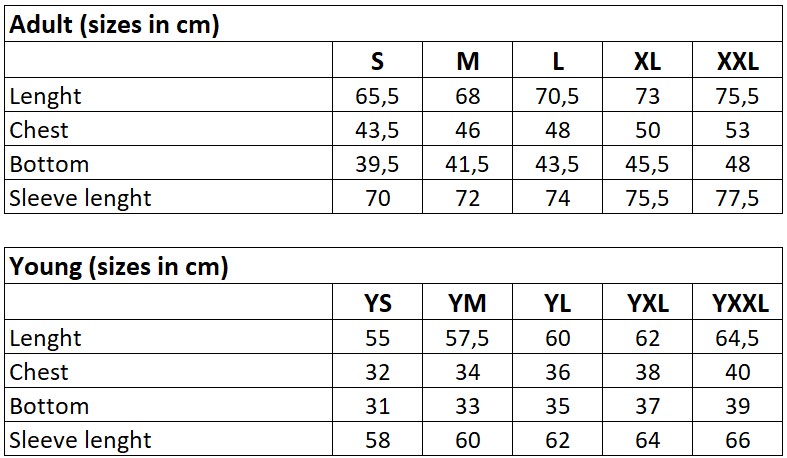 Lycra RashGuard Sizes Chart
