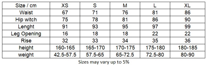 Sizes guide - BejkRoll ladies neoprene pants